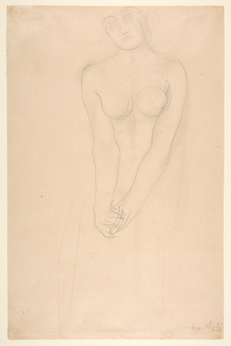 Nude female figure standing with clasped hands, Auguste Rodin (French, Paris 1840–1917 Meudon), Graphite on cream paper 