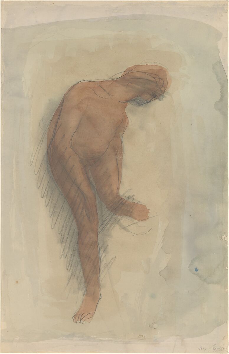 Nude female figure holding left foot, Auguste Rodin (French, Paris 1840–1917 Meudon), Graphite and watercolor 