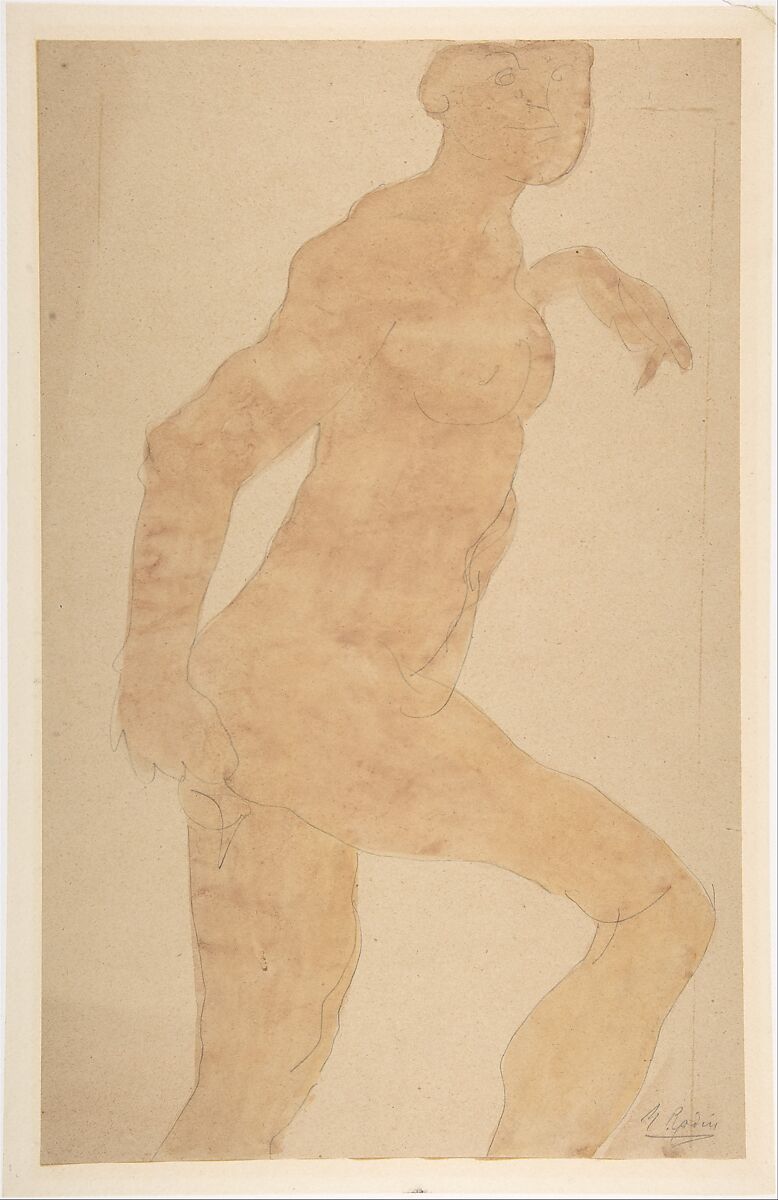 Standing Female Nude, Formerly attributed to Auguste Rodin (French, Paris 1840–1917 Meudon), Watercolor, over graphite 