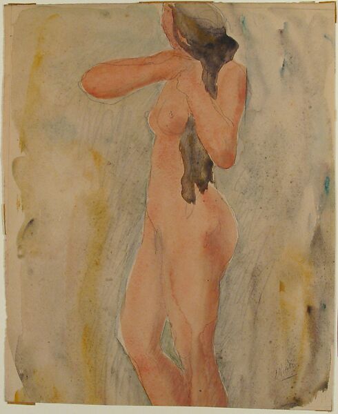 Standing Female Nude, Odilon Roche (French, 1868–1947), Graphite and watercolor
