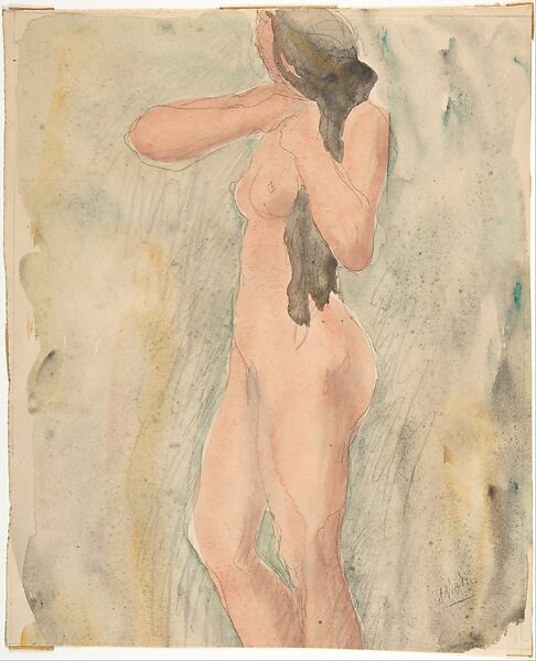 Standing Female Nude, Odilon Roche (French, 1868–1947), Graphite and watercolor 