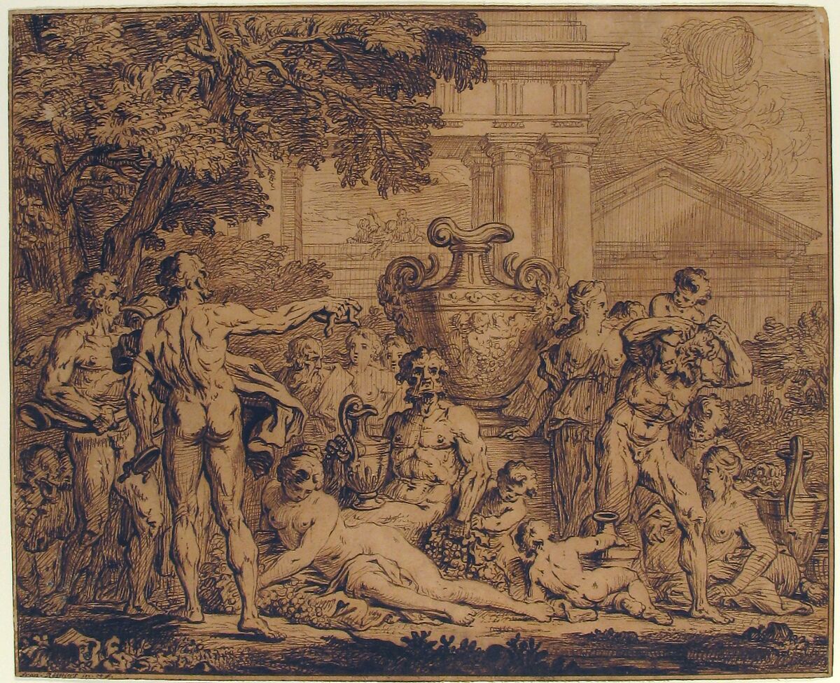 Bacchanal, François Roëttiers (French, London 1685–1742 Vienna), Pen, point of brush, brown ink, on beige paper