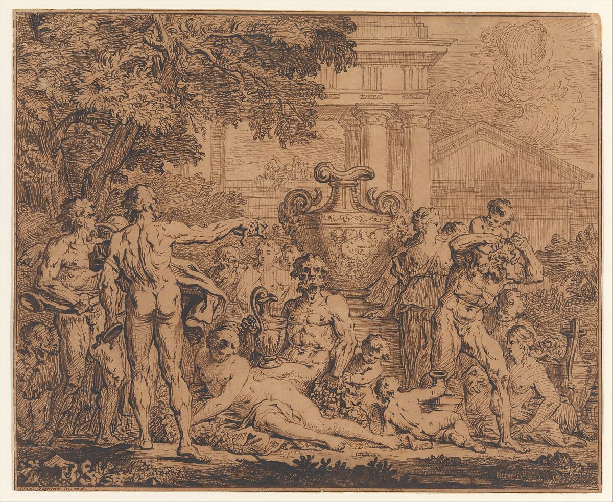 Bacchanal, François Roëttiers (French, London 1685–1742 Vienna), Pen, point of brush, brown ink, on beige paper 