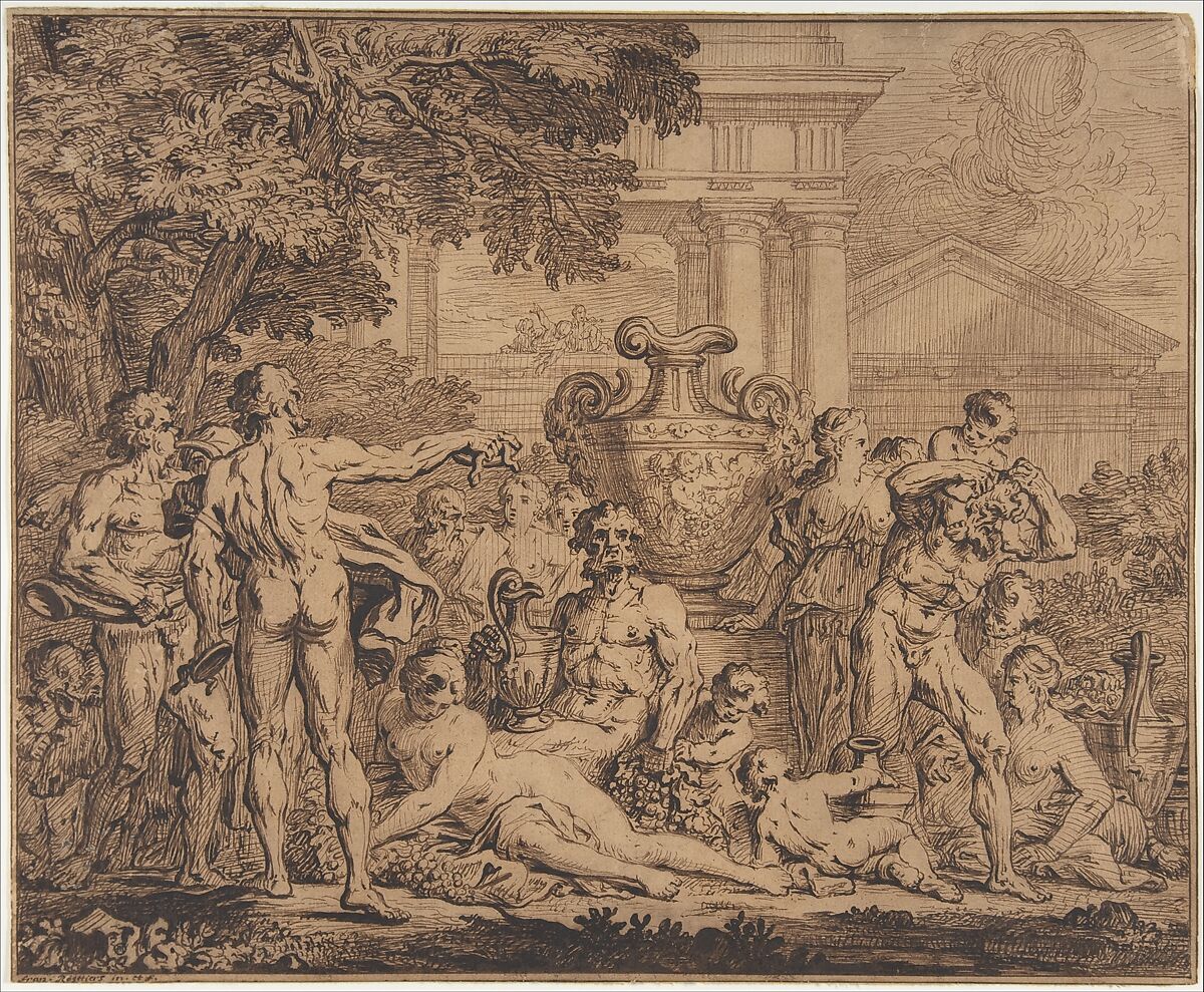 Bacchanal, François Roëttiers (French, London 1685–1742 Vienna), Pen, point of brush, brown ink, on beige paper