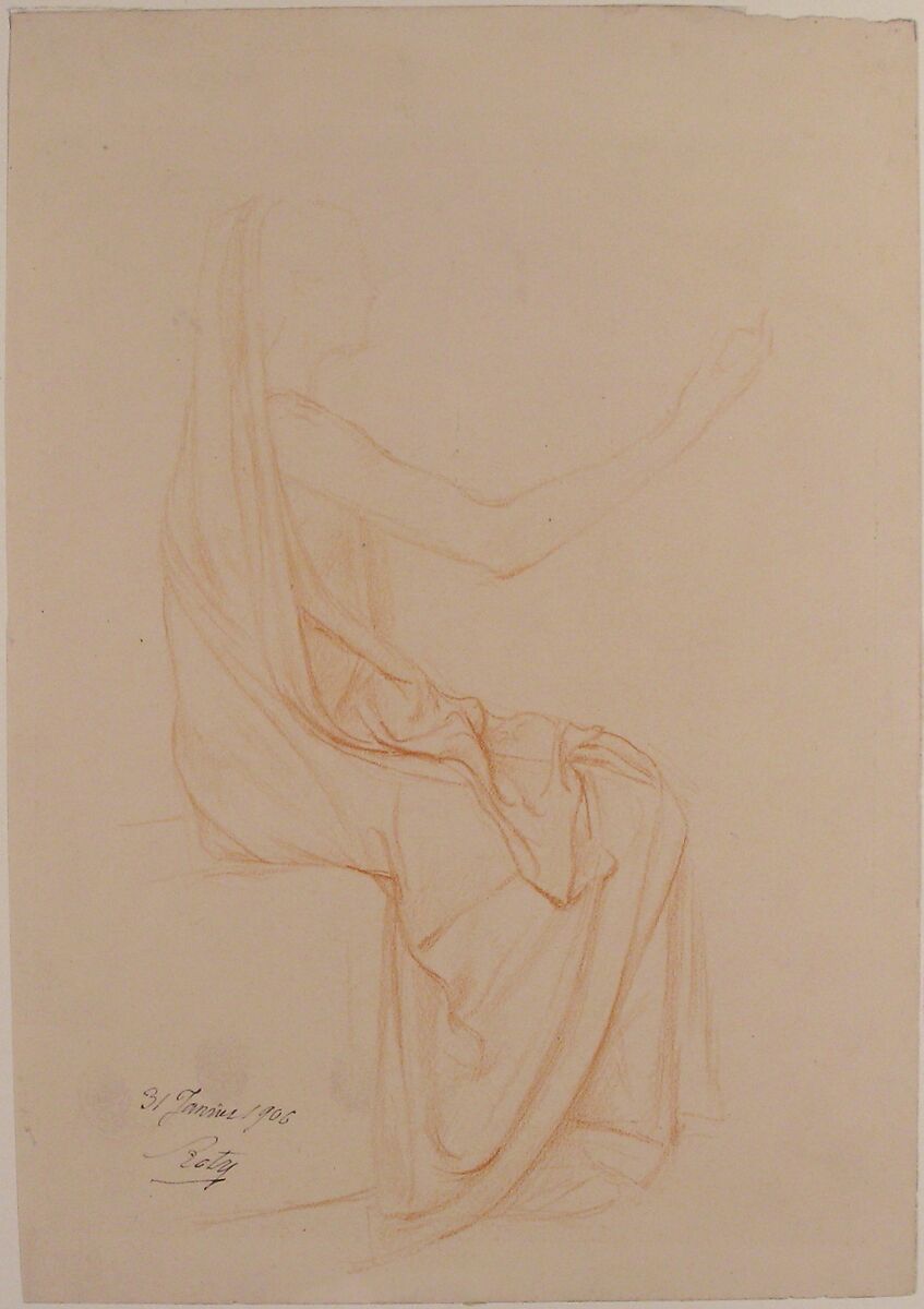 Study of Drapery, Louis-Oscar Roty (French, Paris 1846–1911 Paris), Red chalk on buff paper
