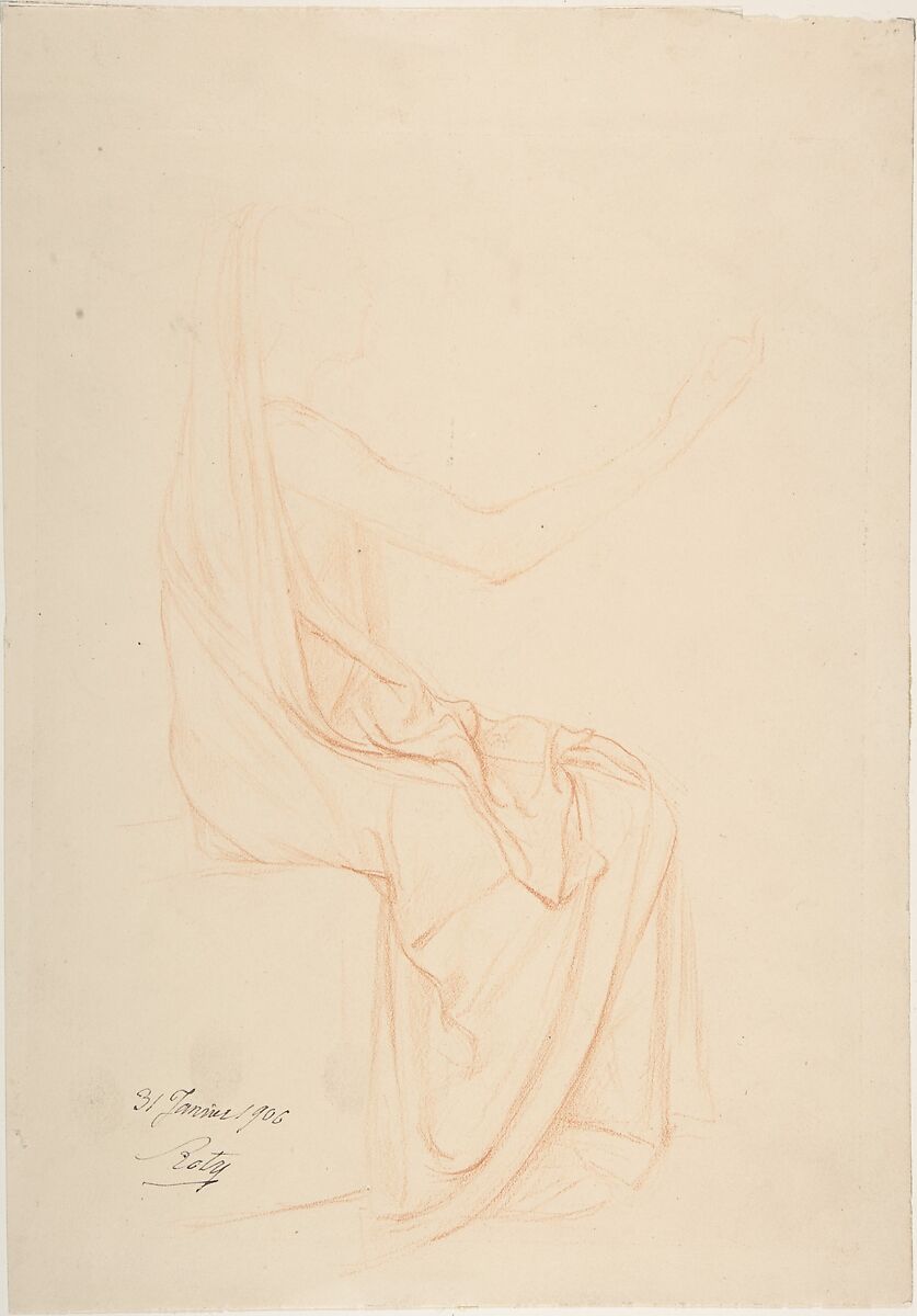 Study of Drapery, Louis-Oscar Roty (French, Paris 1846–1911 Paris), Red chalk on buff paper 