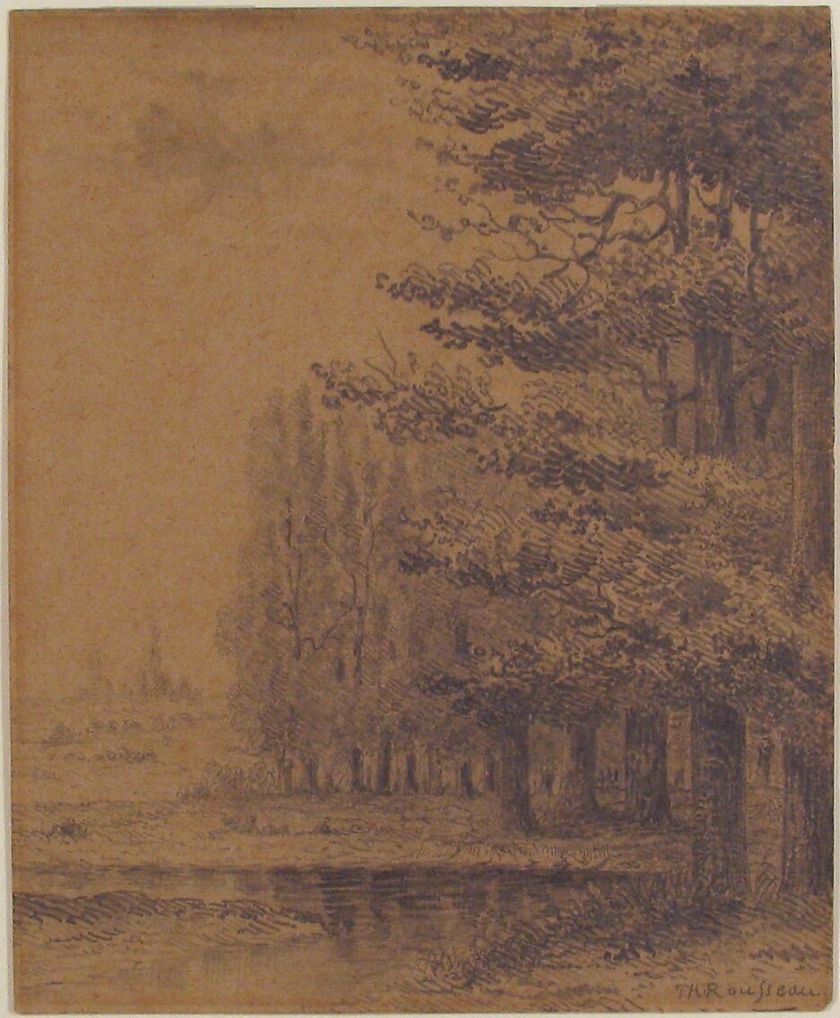 Landscape (A Grove of Trees Standing Near a River), Attributed to Théodore Rousseau (French, Paris 1812–1867 Barbizon), Graphite on beige wove paper