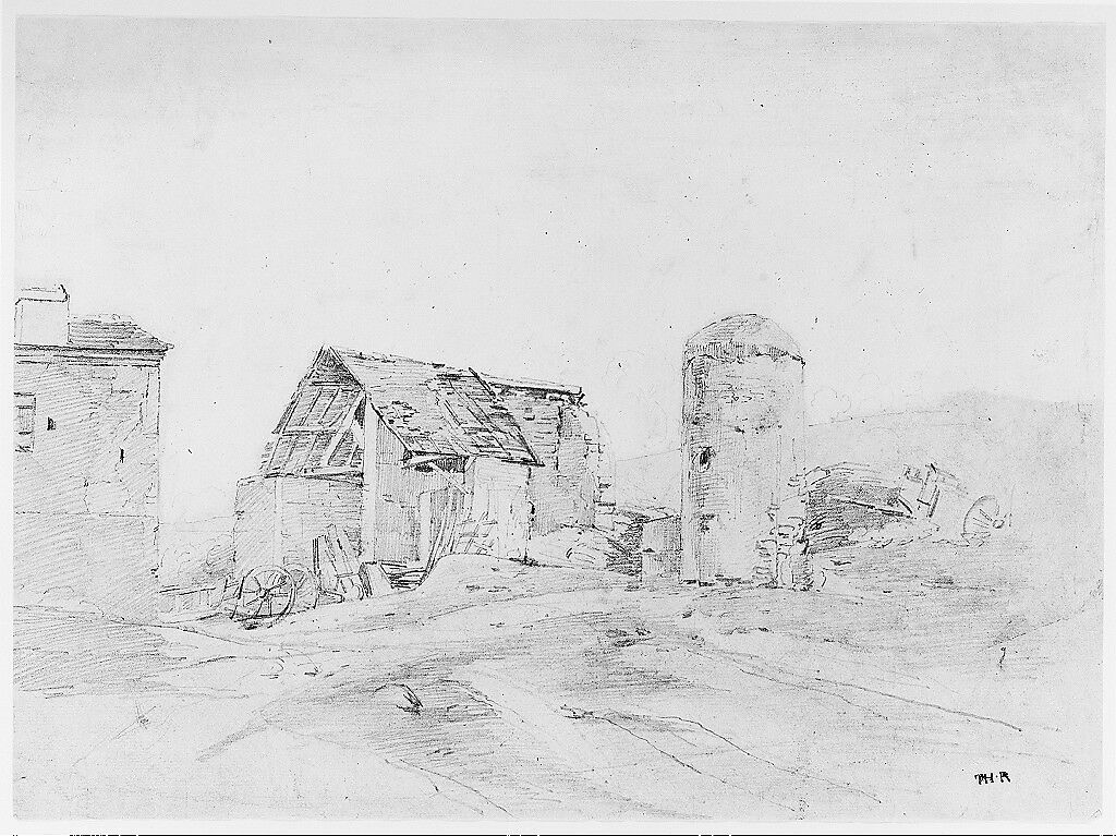 Farmyard in Normandy, Théodore Rousseau (French, Paris 1812–1867 Barbizon), Graphite and gray wash