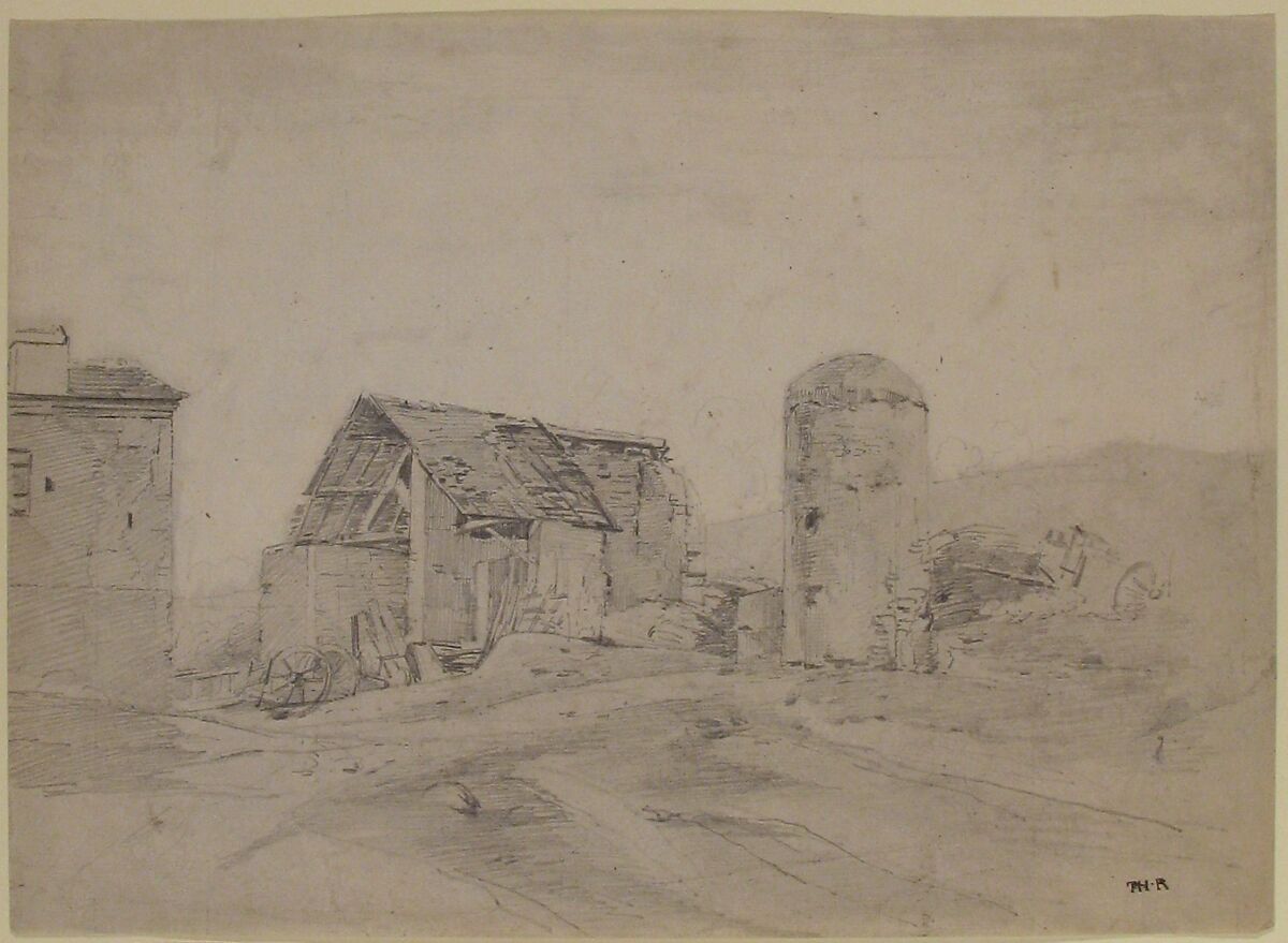 Farmyard in Normandy, Théodore Rousseau (French, Paris 1812–1867 Barbizon), Graphite and gray wash