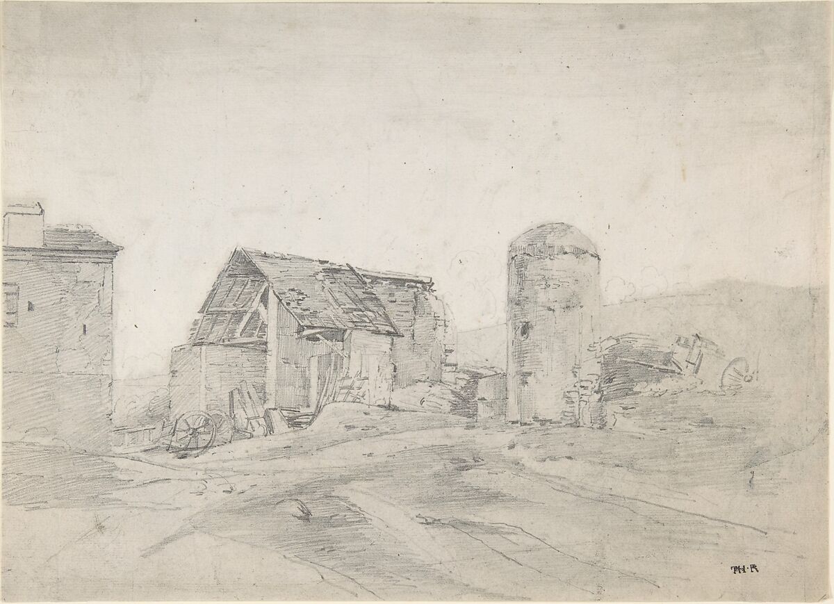 Farmyard in Normandy, Théodore Rousseau (French, Paris 1812–1867 Barbizon), Graphite and gray wash 