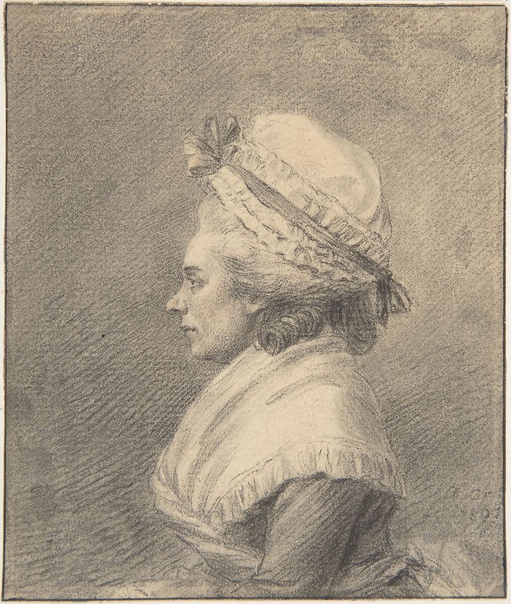 Profile of a Lady in a Bonnet, Augustin de Saint-Aubin (French, Paris 1736–1807 Paris), Black chalk on paper 