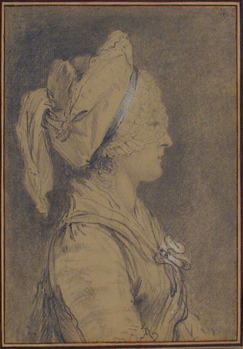 Half Figure of a Woman Wearing a Cap, in Profile to Right, Augustin de Saint-Aubin (French, Paris 1736–1807 Paris), Graphite, heightened with white, framing lines in pen and brown ink.