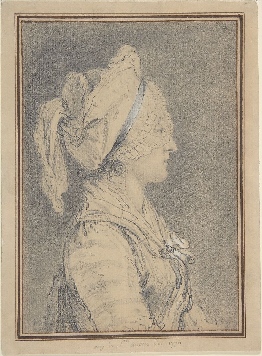 Half Figure of a Woman Wearing a Cap, in Profile to Right, Augustin de Saint-Aubin (French, Paris 1736–1807 Paris), Graphite, heightened with white, framing lines in pen and brown ink. 