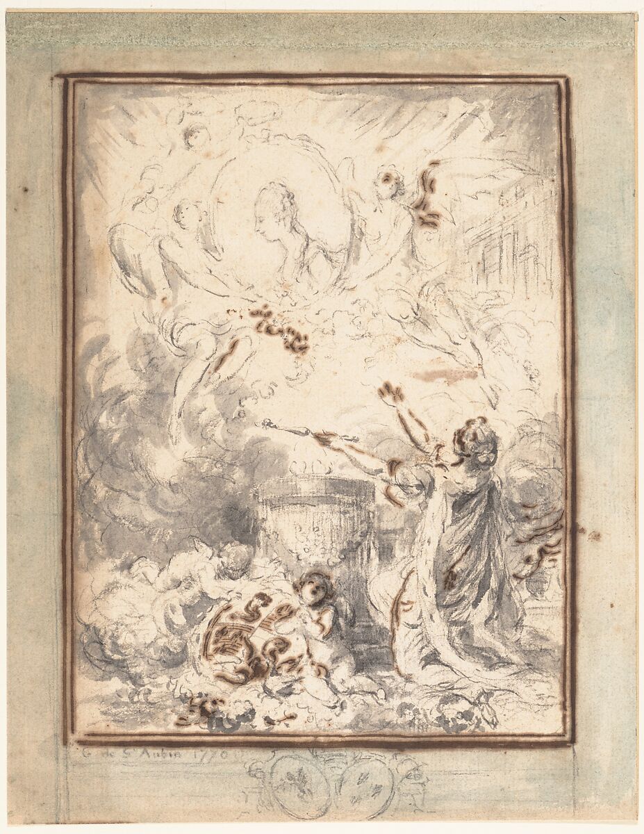 Allegory on the Marriage of the Dauphin and Marie-Antoinette in 1770, Gabriel de Saint-Aubin  French, Brush and gray wash, accents in pen and brown ink, over black chalk. Framing lines in pen and brown ink; margins tinted with blue-green wash.