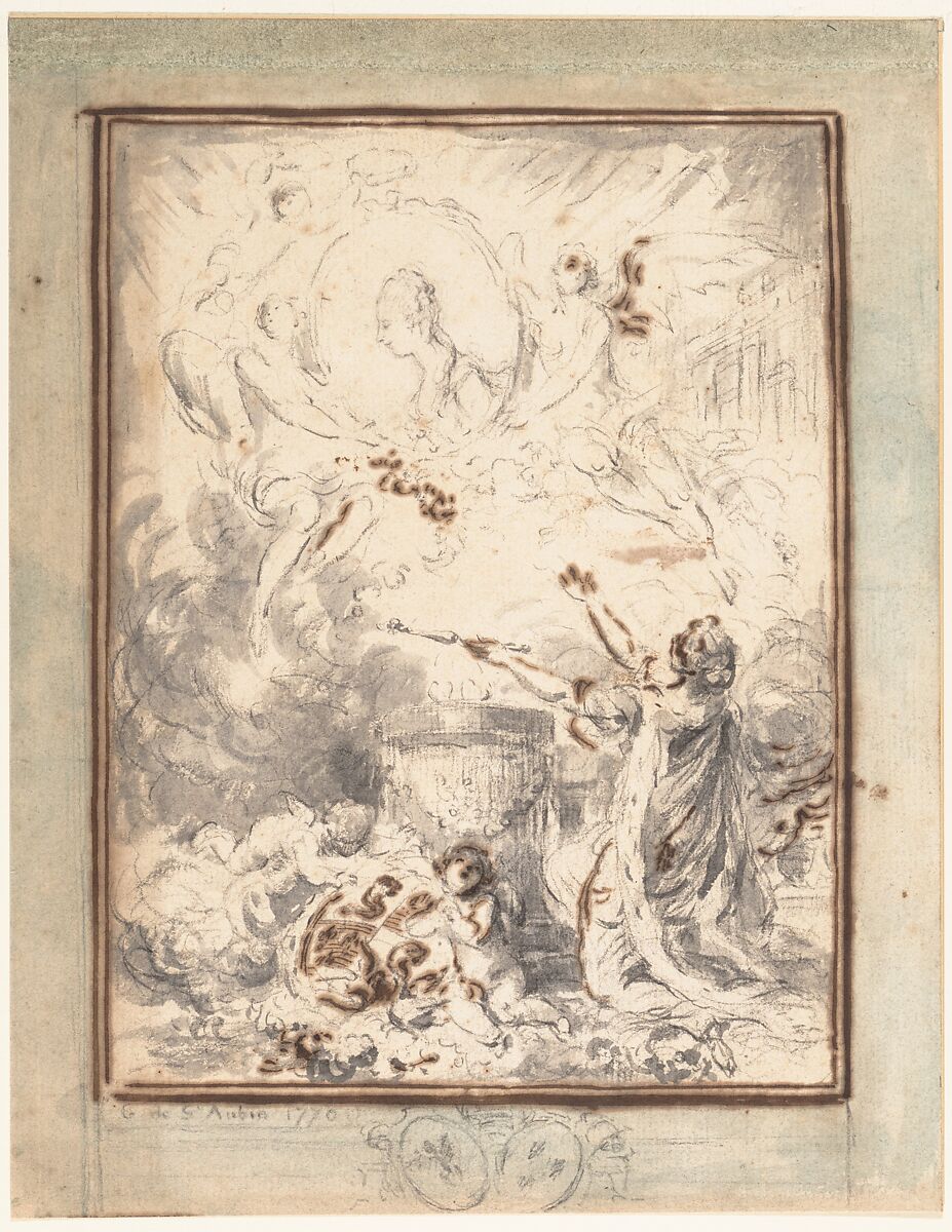 Allegory of the Marriage of the Dauphin and Marie-Antoinette in 1770, Gabriel de Saint-Aubin (French, Paris 1724–1780 Paris), Brush and gray wash, accents in pen and brown ink, over black chalk. Framing lines in pen and brown ink; margins tinted with blue-green wash. 