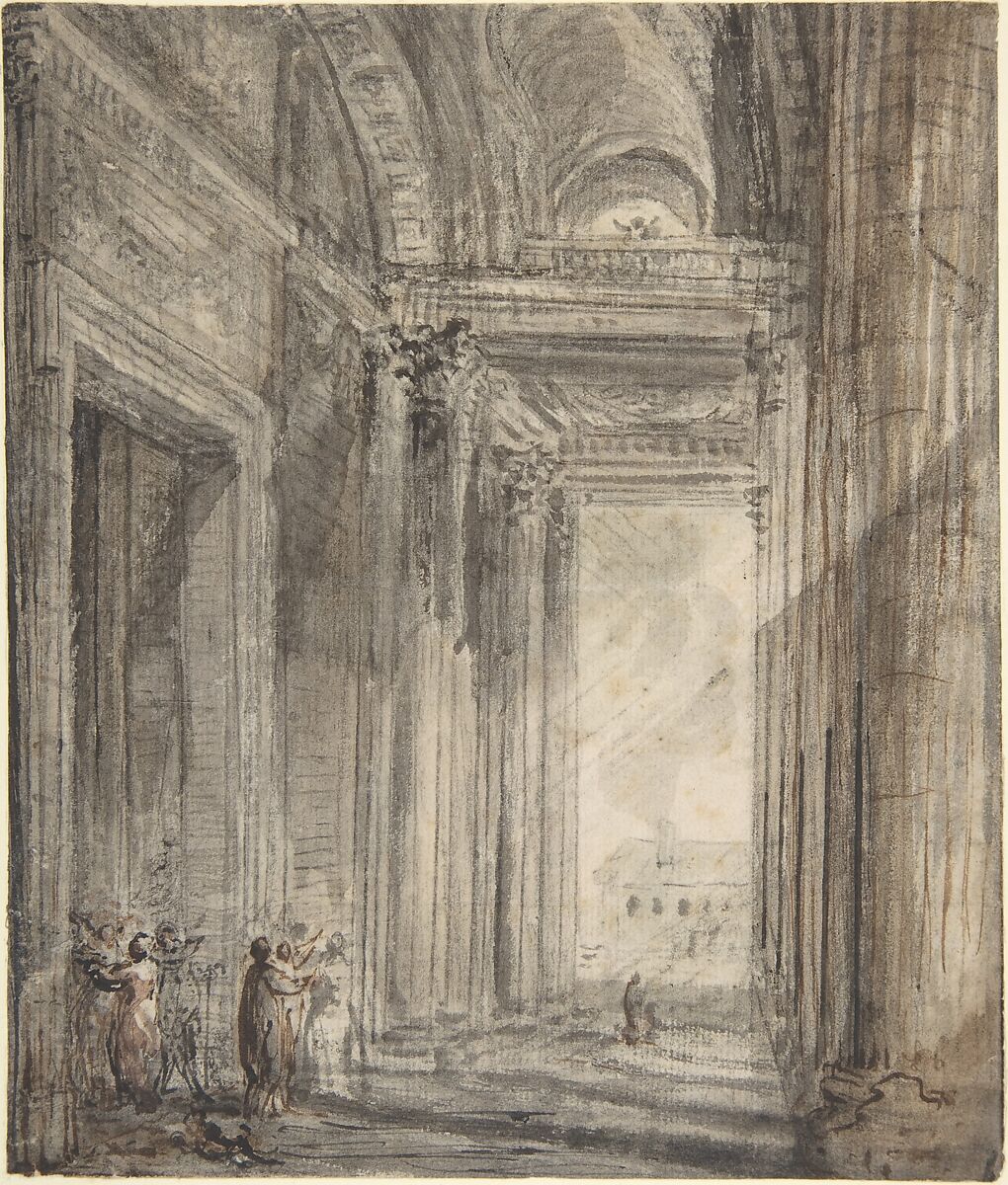Figures in the portico of the church of Saint Genevieve, Paris, Gabriel de Saint-Aubin (French, Paris 1724–1780 Paris), Pen and brown ink, brush and gray and brown wash, over black chalk 