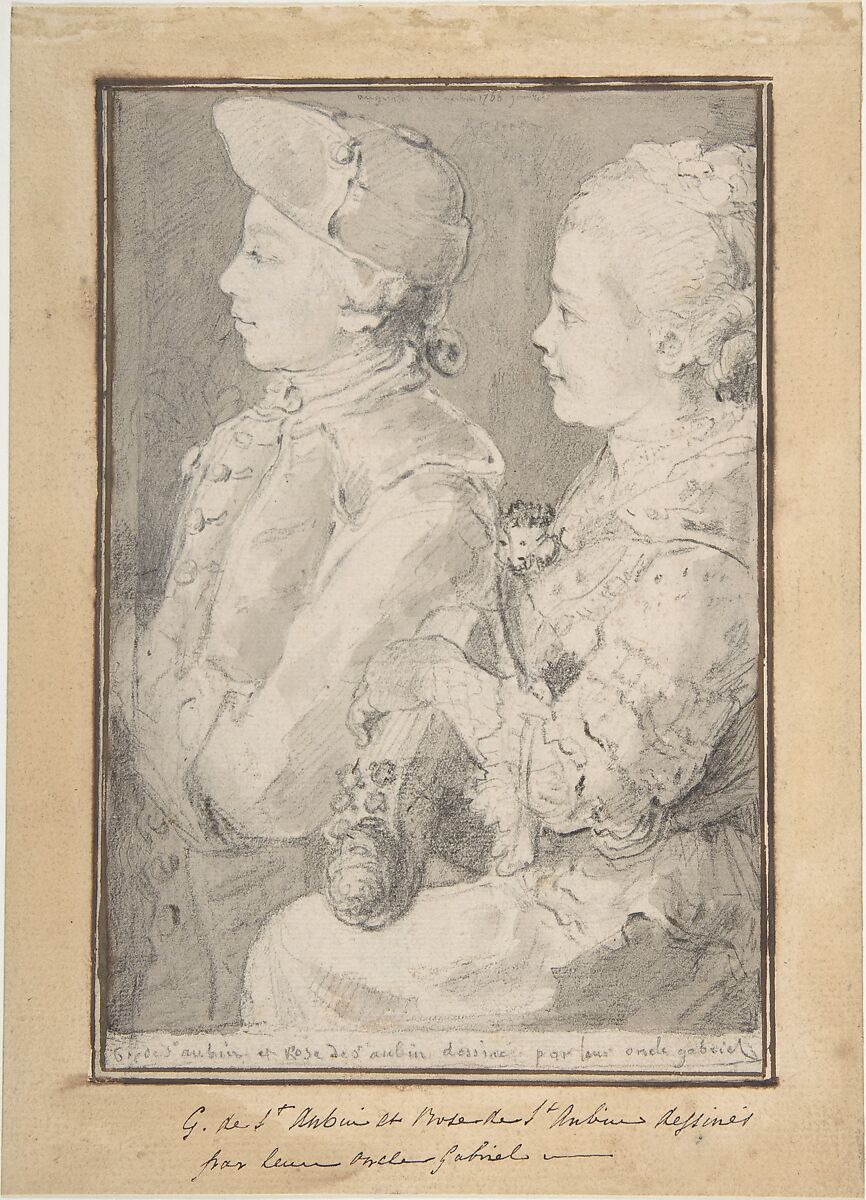 Germain-Augustin and Rose de Saint-Aubin, Drawn by Their Uncle, Gabriel de Saint-Aubin (French, Paris 1724–1780 Paris), Gray wash over black chalk and graphite. 