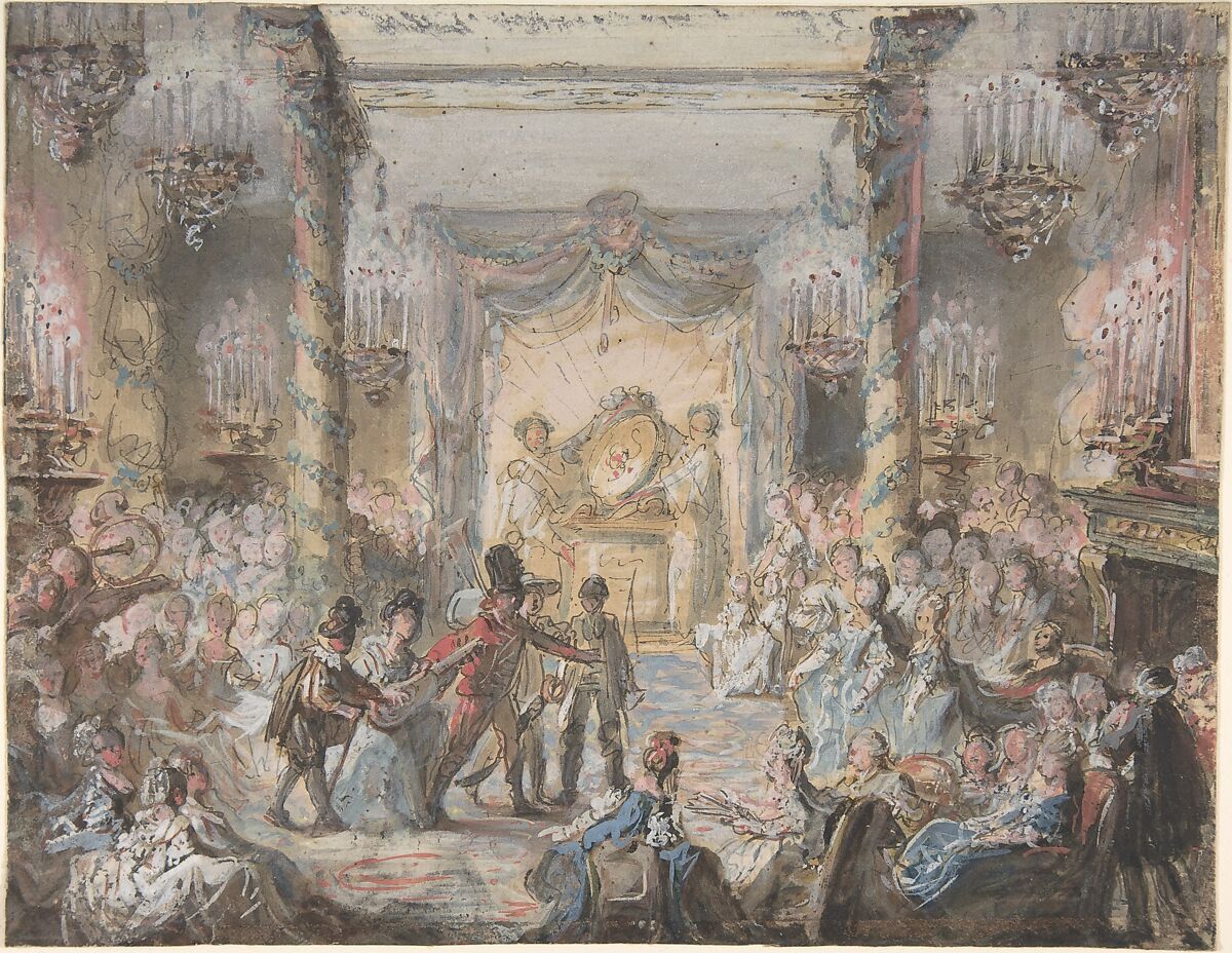 Theatrical Divertissement Offered at a Gala Evening Party, Attributed to Gabriel de Saint-Aubin (French, Paris 1724–1780 Paris), Pen and brown ink, watercolor and gouache 