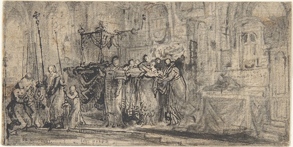 Coronation Regalia Carried in Procession at Saint-Denis, Gabriel de Saint-Aubin (French, Paris 1724–1780 Paris), Pen and black ink, brush and gray wash, over black chalk. 
