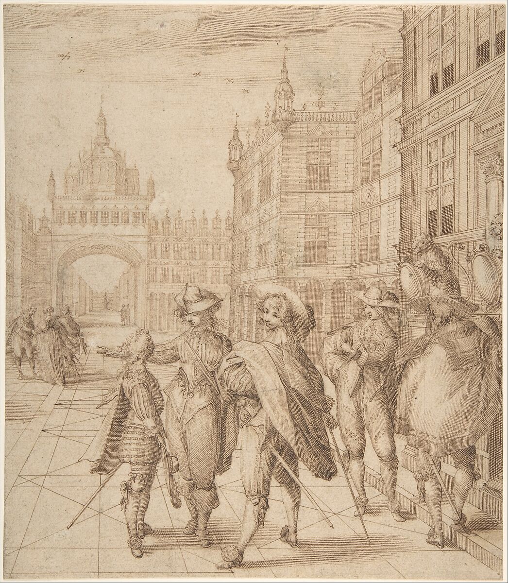 Cavaliers in a City Square, Jean de Saint-Igny (French, Rouen ca. 1595/1600–1647 Paris), Pen and brown ink 