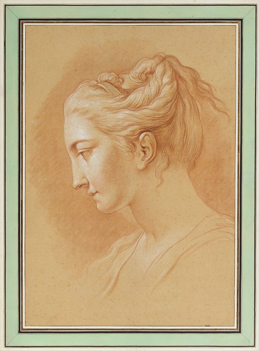 Head of a Young Woman in Profile to Left, Jacques Philippe Joseph de Saint Quentin (French, born Paris, 1738), Red chalk, stumped, heightened with white, on beige paper; framing lines in pen and brown ink 