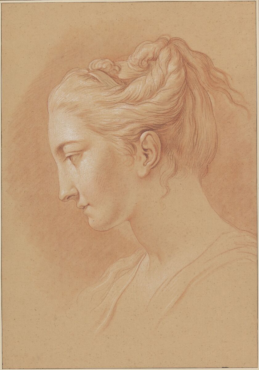 Head of a Young Woman in Profile to Left, Jacques Philippe Joseph de Saint Quentin (French, born Paris, 1738), Red chalk, stumped, heightened with white; framing lines in pen and brown ink