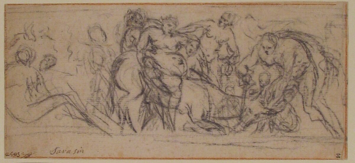 Drunken Silenus Riding on an Ass, Jacques Sarazin (French, Noyon 1592–1660 Paris), Black chalk, framing lines in red chalk