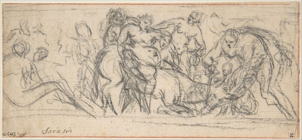 Drunken Silenus Riding on an Ass, Jacques Sarazin (French, Noyon 1592–1660 Paris), Black chalk, framing lines in red chalk 