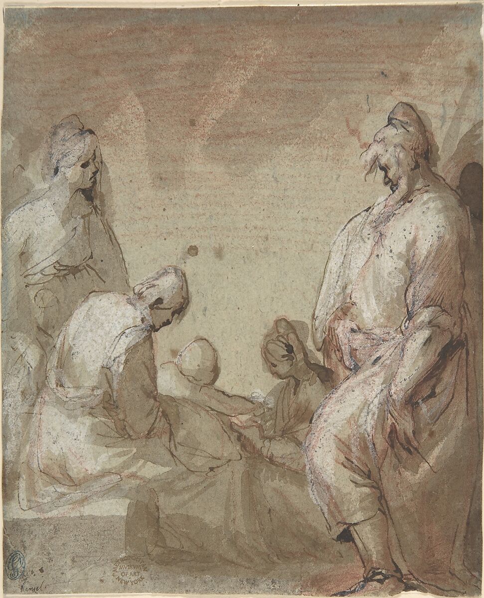Group of Four Standing and Seated Figures and a Child, Anonymous, Italian, Roman-Bolognese, 17th century, Pen and brown ink, brush and brown wash, over red chalk, highlighted with white gouache, on blue paper faded to gray-brown 