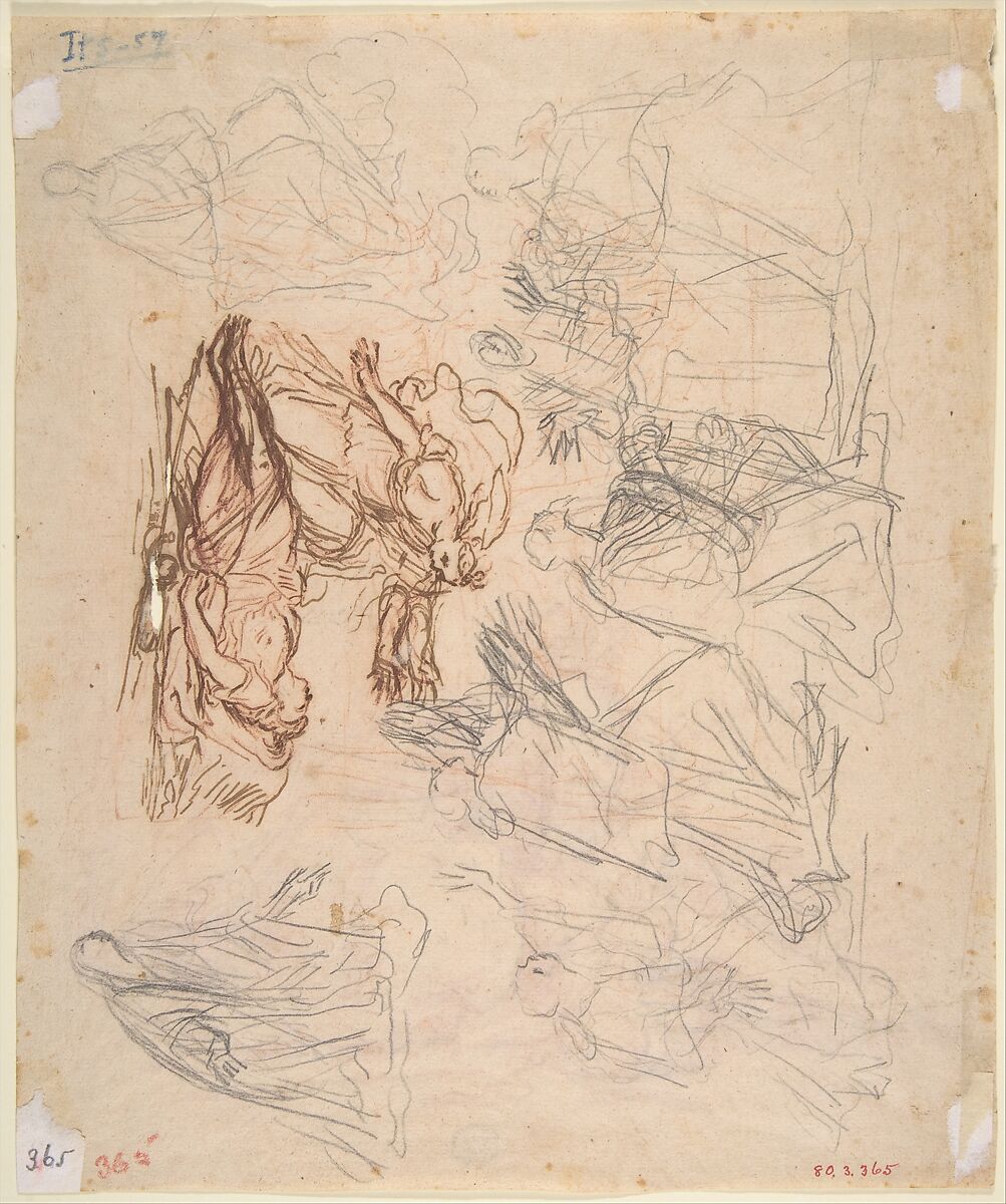 Venus and the Dead Adonis (recto); Sketches of Venus and the Dead Adonis; several sketches of kneeling and standing figures (verso), Anonymous, Italian, Roman-Bolognese, 17th century, Red chalk over graphite or lead underdrawing on light tan laid paper (recto); pen and brown ink over red chalk; graphite or lead (verso)