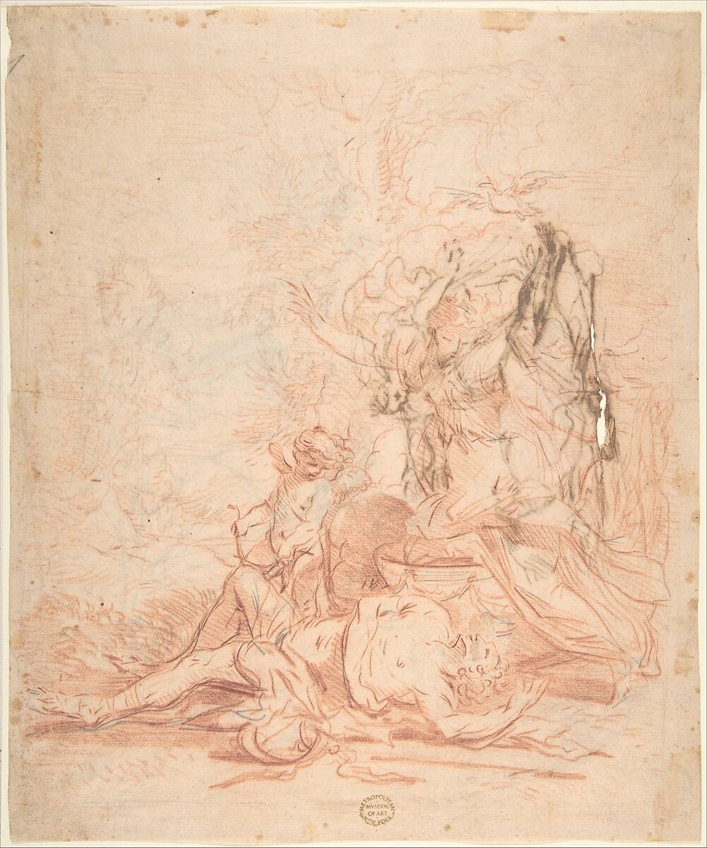 Venus and the Dead Adonis (recto); Sketches of Venus and the Dead Adonis; several sketches of kneeling and standing figures (verso), Anonymous, Italian, Roman-Bolognese, 17th century, Red chalk over graphite or lead underdrawing on light tan laid paper (recto); pen and brown ink over red chalk; graphite or lead (verso) 