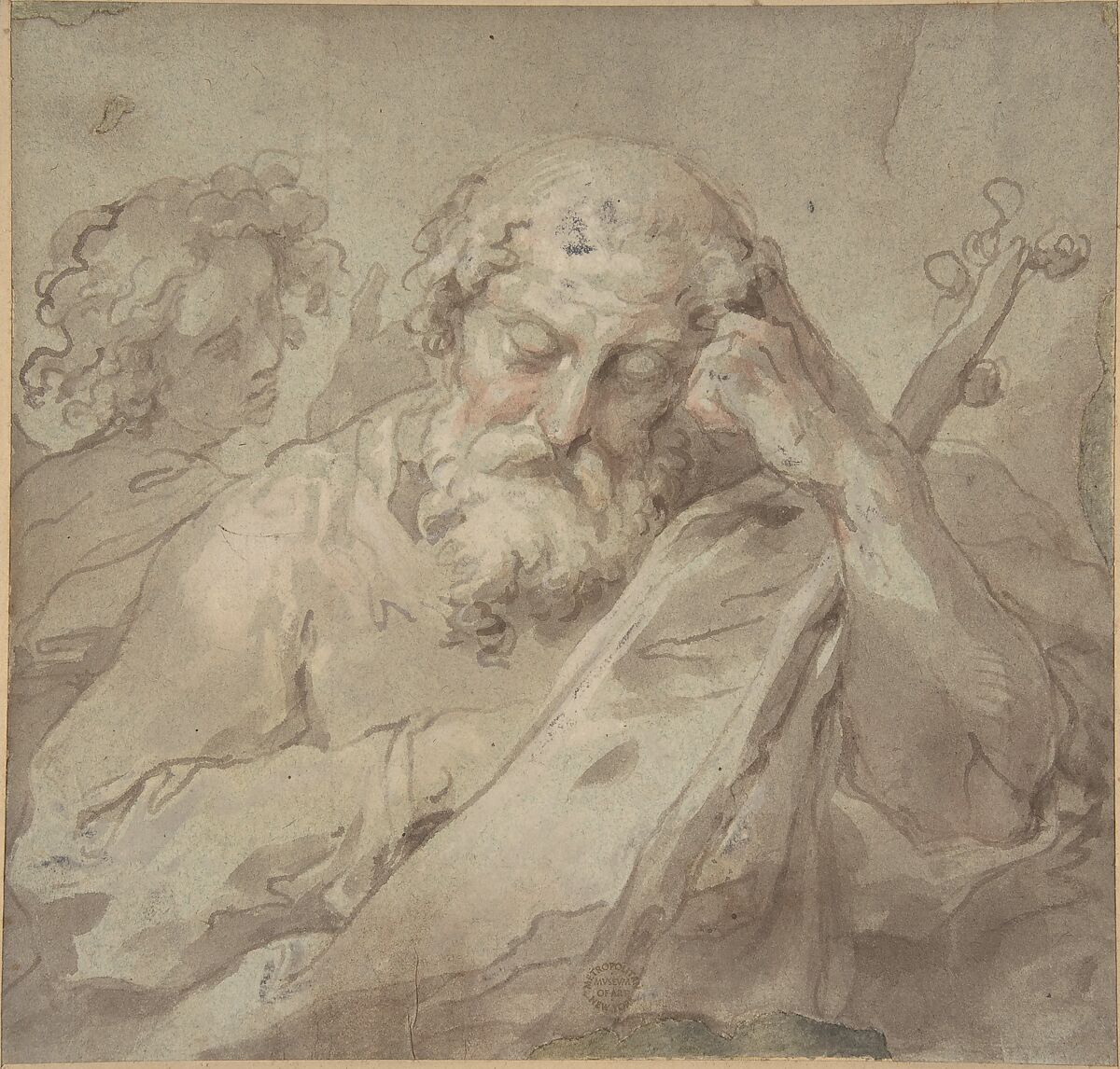 The Dream of Saint Joseph, Anonymous, Italian, first half of the 18th century, Brush with brown ink, and red and brown wash, highlighted with white gouache 