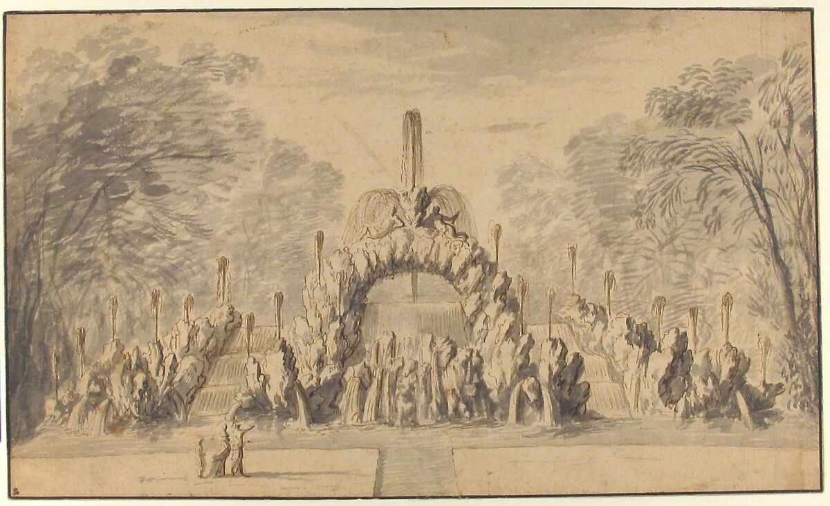 Fountain with a Rock Arch in a Park, Israel Silvestre (French, Nancy 1621–1691 Paris), Pen and brown ink, brush and gray wash