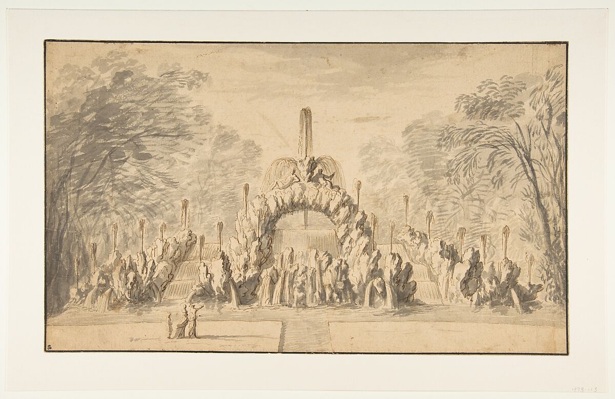 Fountain with a Rock Arch in a Park, Israel Silvestre (French, Nancy 1621–1691 Paris), Pen and brown ink, brush and gray wash 