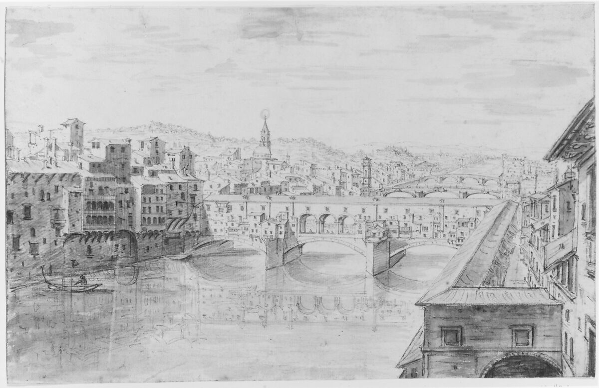 View of the Ponte Vecchio, Florence, Israel Silvestre (French, Nancy 1621–1691 Paris), Brush and green, brown and gray wash over black chalk and graphite