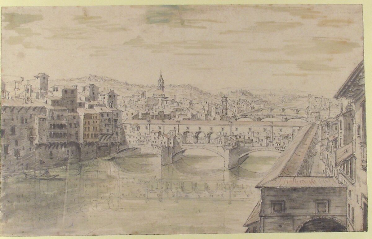 View of the Ponte Vecchio, Florence, Israel Silvestre (French, Nancy 1621–1691 Paris), Brush and green, brown and gray wash over black chalk and graphite