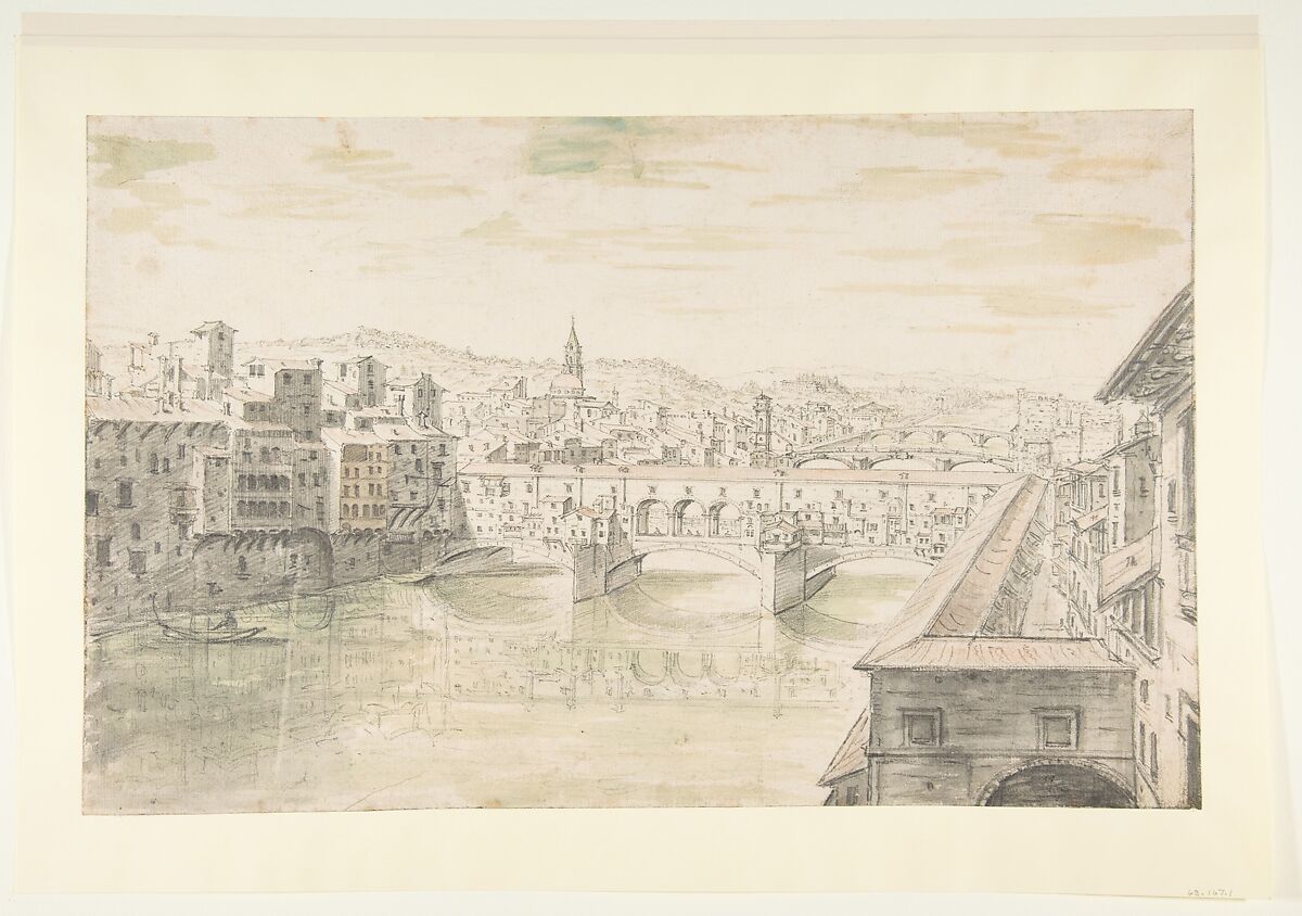 View of the Ponte Vecchio, Florence, Israel Silvestre (French, Nancy 1621–1691 Paris), Brush and green, brown and gray wash over black chalk and graphite 