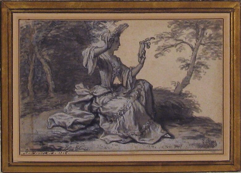 Lady with a Mirror, Claude Simpol (French, Clamecy 1666–1716 Paris), Pen and gray ink, brush and gray wash, heightened with white, over traces of graphite, contours incised
