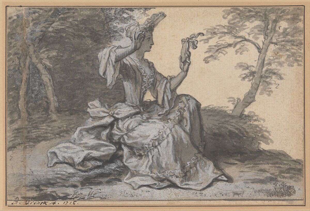 Lady with a Mirror, Claude Simpol (French, Clamecy 1666–1716 Paris), Pen and gray ink, brush and gray wash, heightened with white, over traces of graphite, contours incised