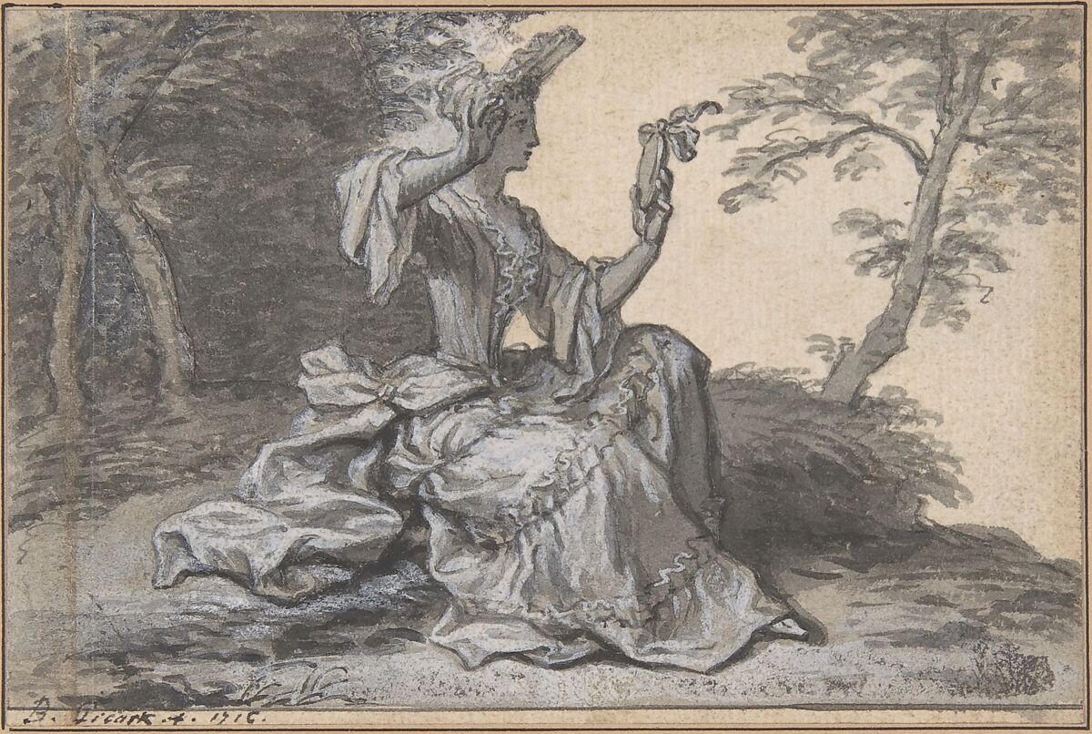 Lady with a Mirror, Claude Simpol  French, Pen and gray ink, brush and gray wash, heightened with white, over traces of graphite, contours incised