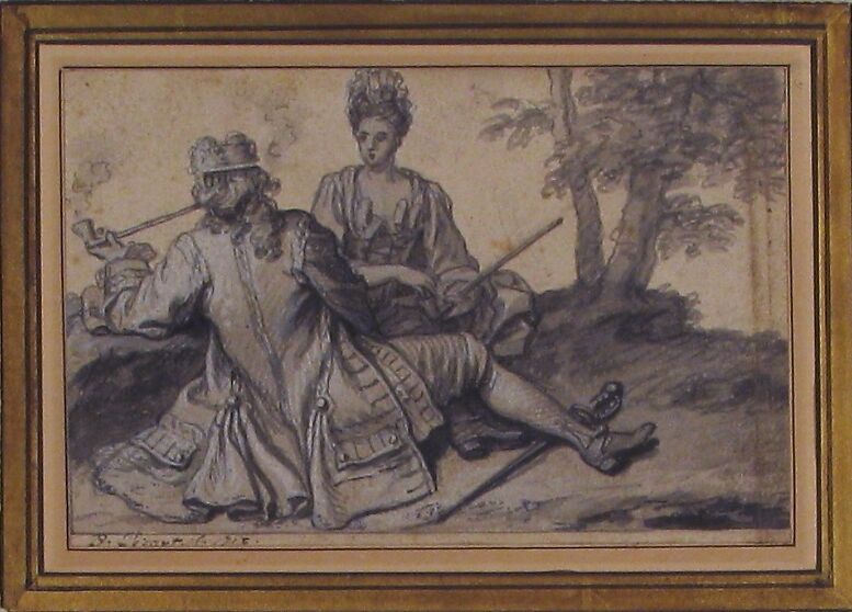 Tête à Tête, Claude Simpol (French, Clamecy 1666–1716 Paris), Pen and gray ink, brush and gray wash, heightened with white, over traces of graphite; contours incised