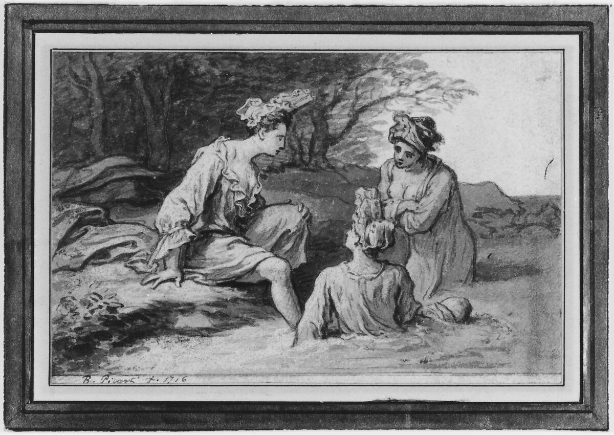 Ladies Bathing, Claude Simpol (French, Clamecy 1666–1716 Paris), Pen and gray ink, brush and gray wash, heightened with white, over traces of graphite; contours incised