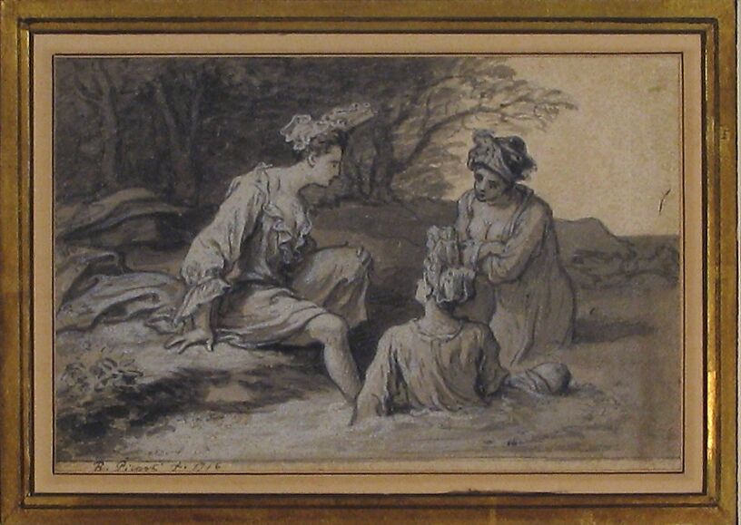 Ladies Bathing, Claude Simpol (French, Clamecy 1666–1716 Paris), Pen and gray ink, brush and gray wash, heightened with white, over traces of graphite; contours incised