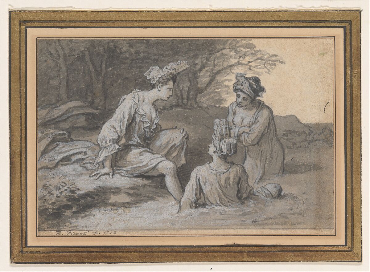 Ladies Bathing, Claude Simpol (French, Clamecy 1666–1716 Paris), Pen and gray ink, brush and gray wash, heightened with white, over traces of graphite; contours incised