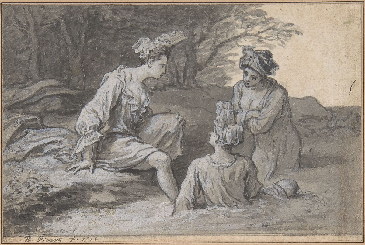 Ladies Bathing, Claude Simpol (French, Clamecy 1666–1716 Paris), Pen and gray ink, brush and gray wash, heightened with white, over traces of graphite, contours incised. 