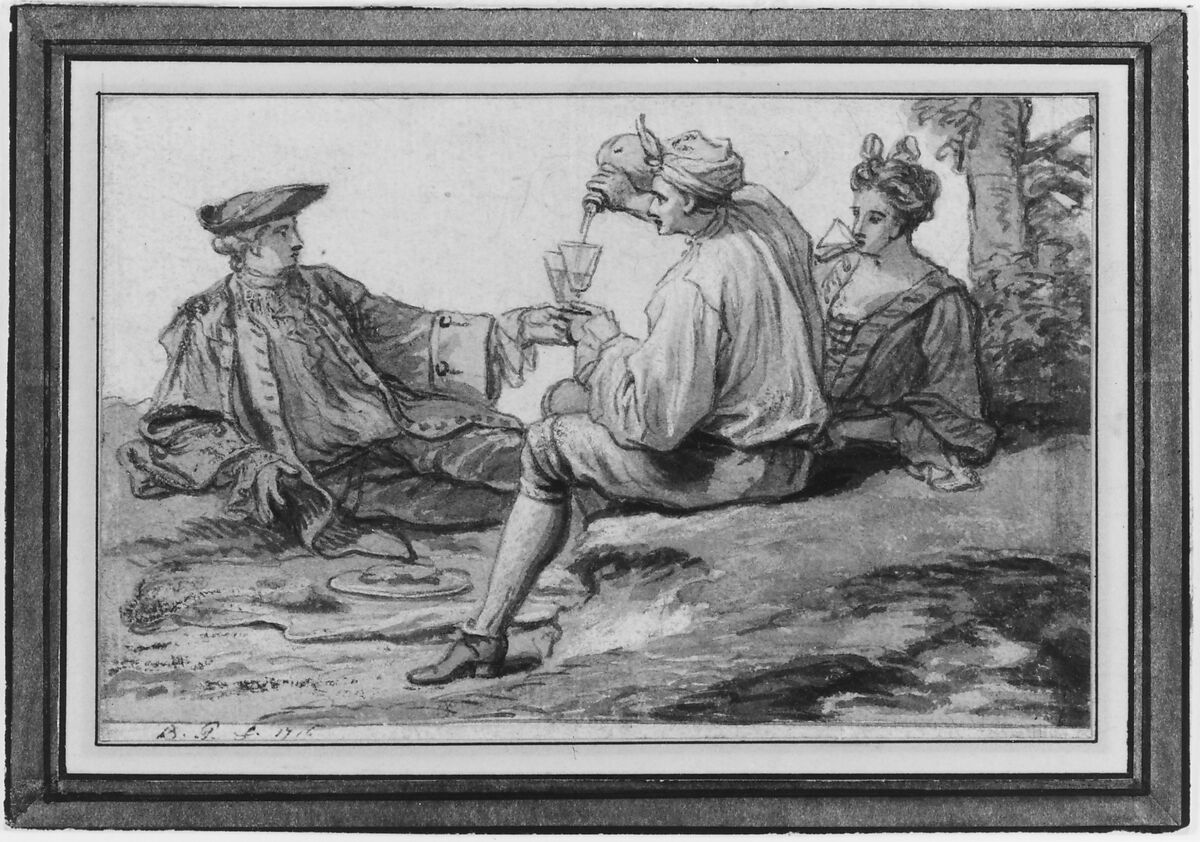 A Picnic Party, Claude Simpol (French, Clamecy 1666–1716 Paris), Pen and gray ink, brush and gray wash, heightened with white, over traces of graphite; contours incised