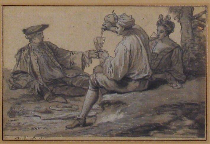 A Picnic Party, Claude Simpol (French, Clamecy 1666–1716 Paris), Pen and gray ink, brush and gray wash, heightened with white, over traces of graphite; contours incised