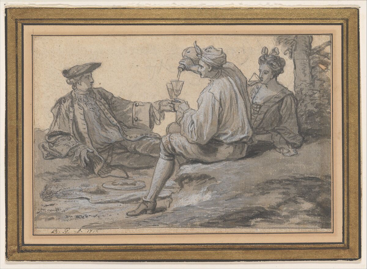 A Picnic Party, Claude Simpol (French, Clamecy 1666–1716 Paris), Pen and gray ink, brush and gray wash, heightened with white, over traces of graphite; contours incised