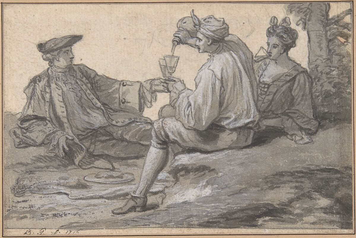A Picnic Party, Claude Simpol (French, Clamecy 1666–1716 Paris), Pen and gray ink, brush and gray wash, heightened with white, over traces of graphite, contours incised. 