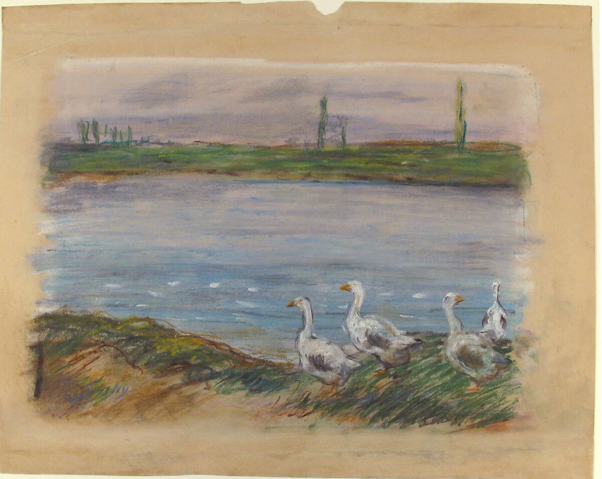 Four Geese by the River, Alfred Sisley (British, Paris 1839–1899 Moret-sur-Loing), Pastel
